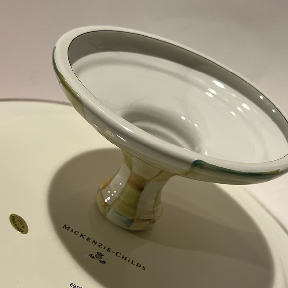 Mackenzie-Childs parchment check pedestal cake stand, cake platter 12” dia. - Picture 2 of 2